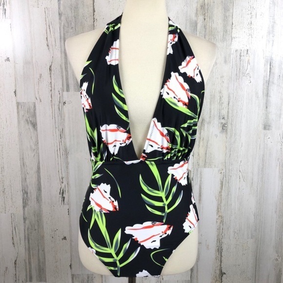 Cupshe Other - Cupshe Black Floral Deep V One Piece Swimsuit size Medium